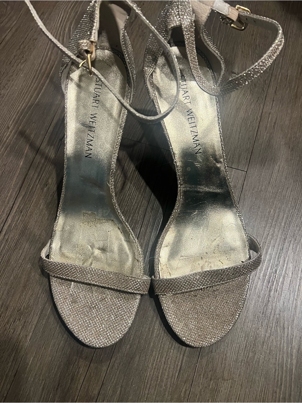 Stuart Weitzman Sparkling Silver Open-Toe Ankle-Strap Heels